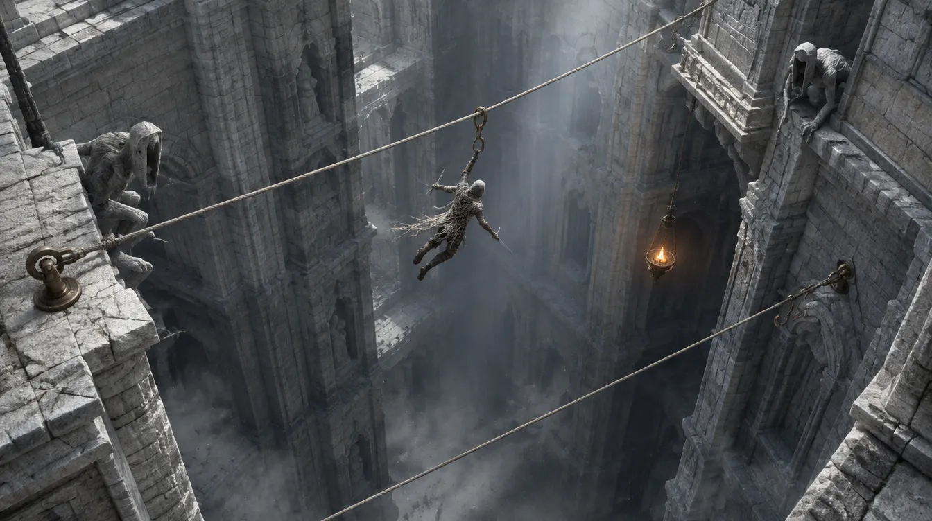 Tangkapan isometrik: Ropewalker berayun di tali kait di atas sumur batu yang dalam, dua pisau terhunus, The Unhoused menempel di tepi tembok kiri dan kanan.